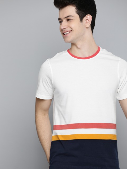 

Mast & Harbour Men White & Navy Colourblocked Round Neck T-shirt