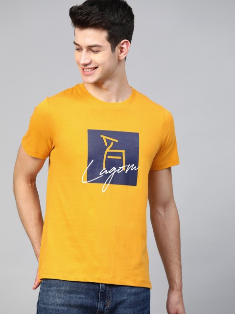 

Mast Harbour Men Mustard Yellow Navy Blue Printed Round Neck Pure Cotton T-shirt