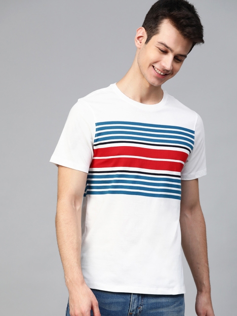 

Mast & Harbour Men White & Blue Striped Round Neck T-shirt