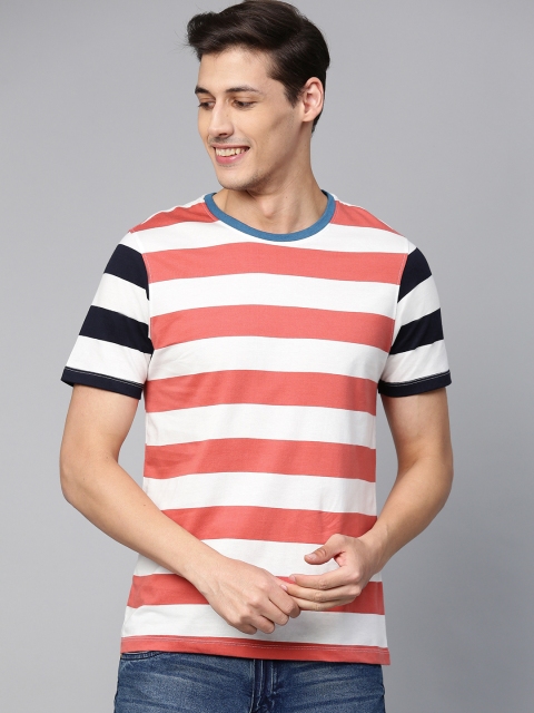 

Mast & Harbour Men White & Pink Striped Round Neck T-shirt