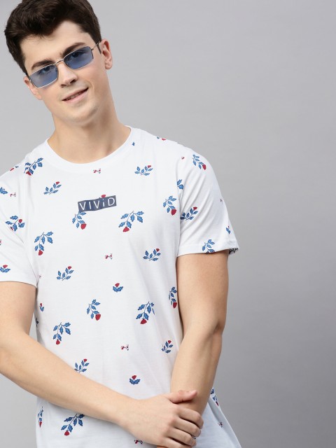 

Mast & Harbour Men White & Blue Floral Printed Round Neck T-shirt