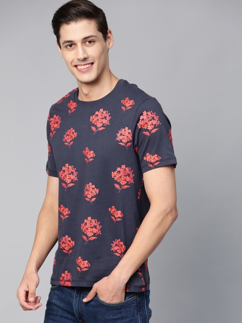 

Mast & Harbour Men Navy Blue & Red Floral Printed Round Neck Handcrafted T-shirt