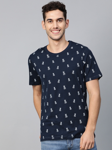 

Mast & Harbour Men Navy Blue & White Cat Printed Round Neck T-shirt