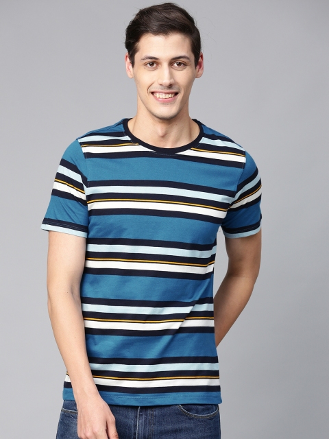 

Mast & Harbour Men Blue & White Yarn Dyed Striped Round Neck T-shirt