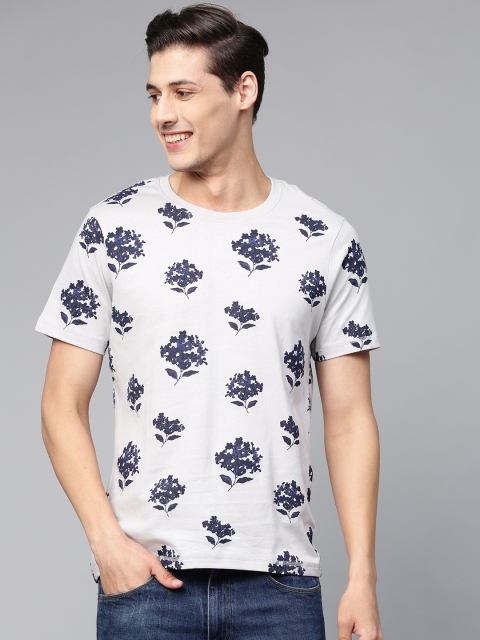 

Mast & Harbour Men Grey & Navy Blue Floral Printed Round Neck Handcrafted T-shirt