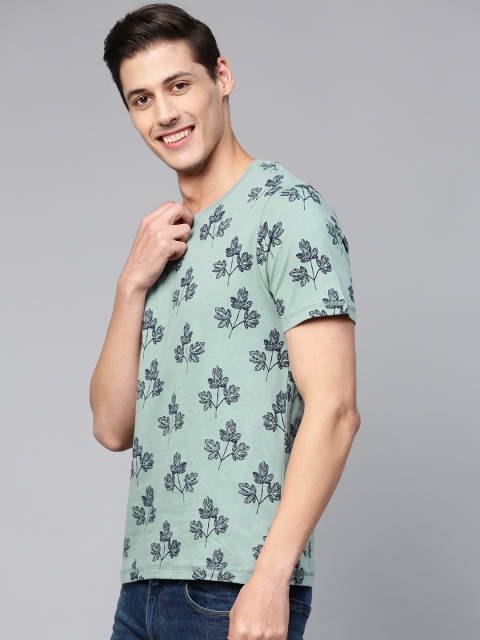 

Mast & Harbour Men Sea Green & Navy Blue Floral Printed Round Neck Handcrafted T-shirt