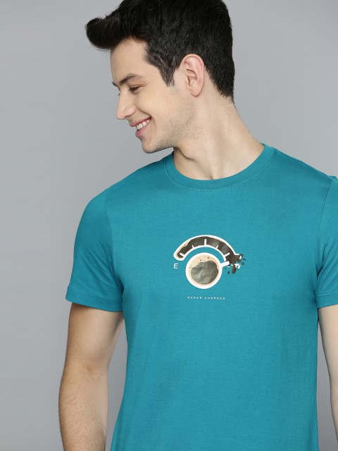 

Mast Harbour Men Blue Printed Detail Round Neck Pure Cotton T-shirt