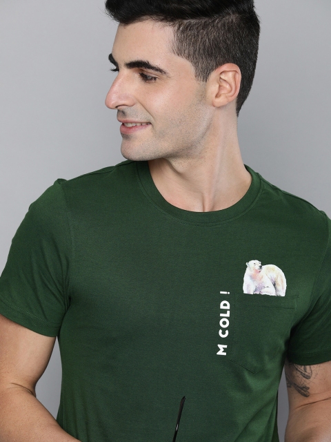 

Mast Harbour Men Green Solid Round Neck Pure Cotton T-shirt With Pocket Print Detail