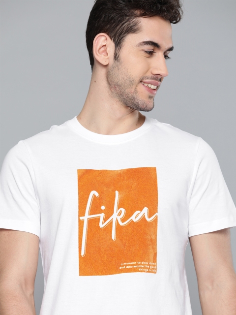 

Mast Harbour Men White Orange Printed Round Neck Pure Cotton T-shirt