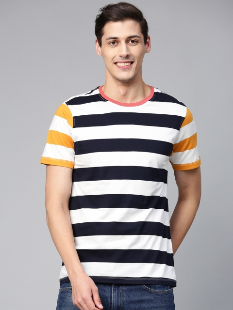 

Mast & Harbour Men White & Navy Blue Striped Round Neck T-shirt