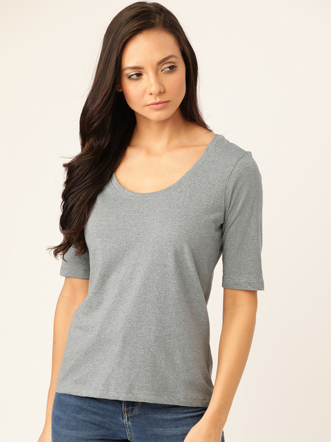 

ether Women Grey Melange Solid Scoop Neck T-shirt