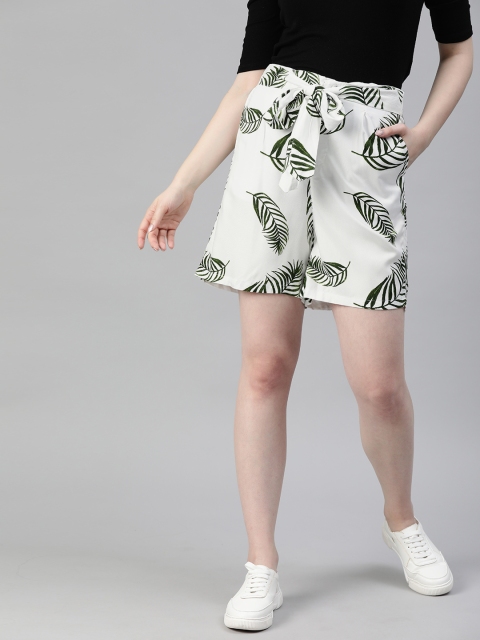 

HERE&NOW Women White & Green Floral Printed Regular Fit Regular Shorts