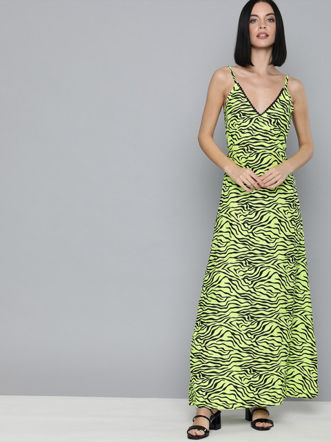 

HERE&NOW Women Fluorescent Green & Black Animal Printed Maxi Dress With Smocked Detail