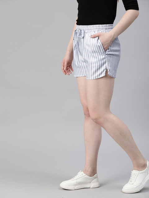 

HERE&NOW Women White & Blue Striped Regular Fit Hot Pants