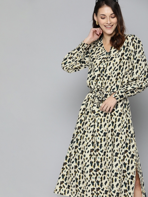 

HERE&NOW Women Beige & Black Printed A-Line Dress with Tie-up