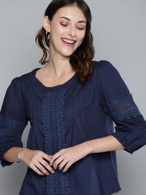 

HERE&NOW Women Navy Blue Solid Pure Cotton Top with Lace Inserts