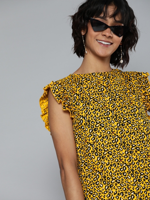 

HERE&NOW Women Mustard Yellow & Black Animal Printed Styled Back Top