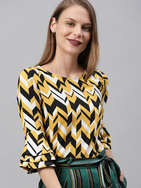 

HERE&NOW Women Mustard Yellow & White Chevron Printed Bell Sleeve Top