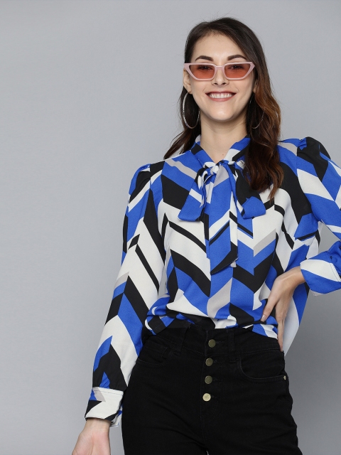 

HERE&NOW Women White & Blue Printed Top With Tie-Up Neck