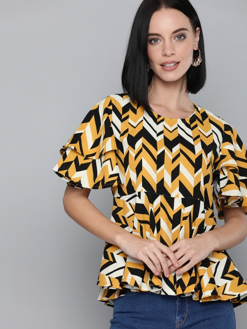 

HERE&NOW Women Yellow & Black Printed Peplum Top With Flared Sleeves