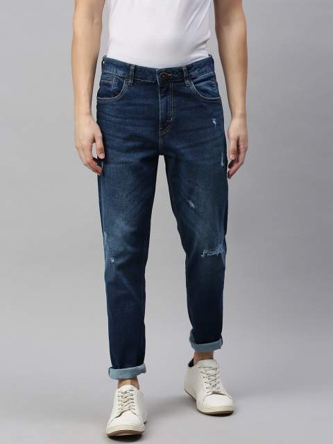 

Mast & Harbour Men Blue Carrot Fit Mid-Rise Low Distressed Stretchable Jeans
