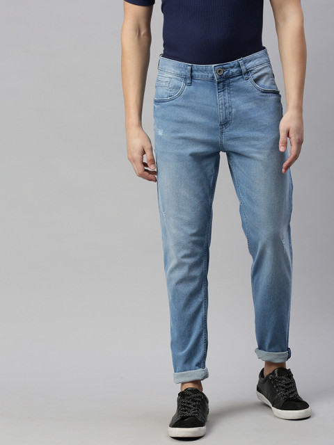 

Mast & Harbour Men Blue Carrot Fit Mid-Rise Mildly Distressed Stretchable Jeans