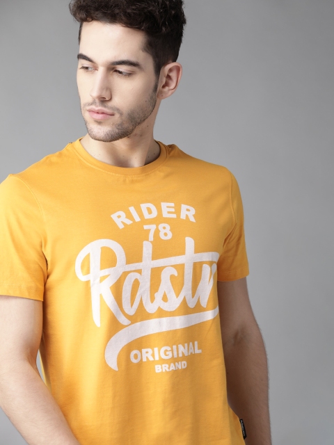 

Roadster Men Mustard Yellow & Off-White Printed Round Neck T-shirt