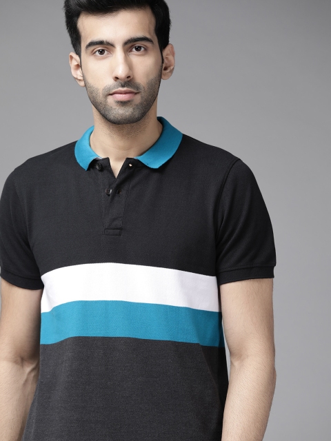 

Roadster Men Navy Blue & Charcoal Grey Striped Polo Collar T-shirt