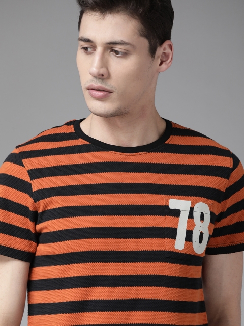 

Roadster Men Rust Orange Black Pure Cotton Striped Round Neck Pure Cotton T-shirt