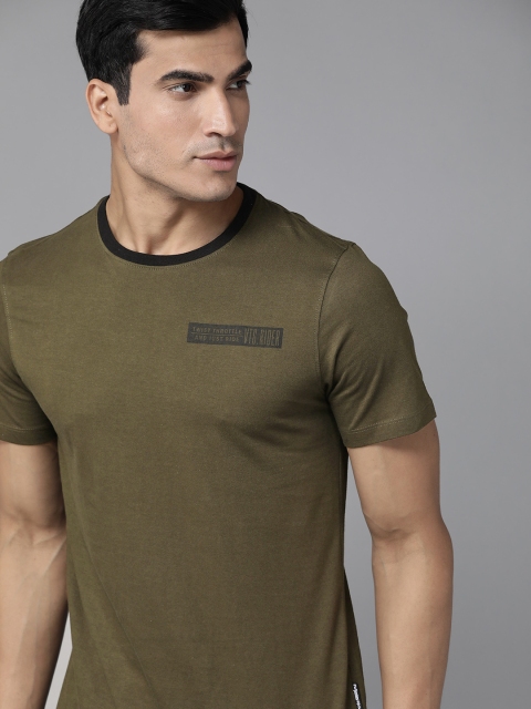 

Roadster Men Olive Green Pure Cotton Solid Round Neck T-shirt