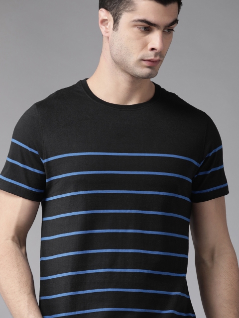 

Roadster Men Black Blue Striped Round Neck Pure Cotton T-shirt