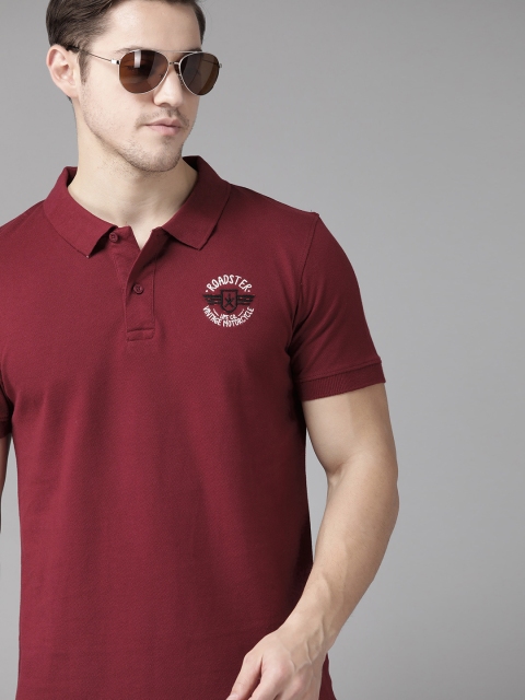 

Roadster Men Maroon Pure Cotton Solid Polo Collar T-shirt