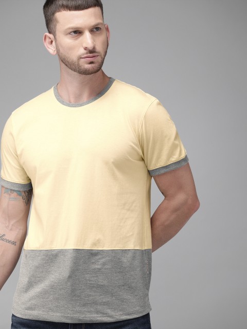 

Roadster Men Cream-Coloured & Grey Melange Colourblocked Round Neck T-shirt