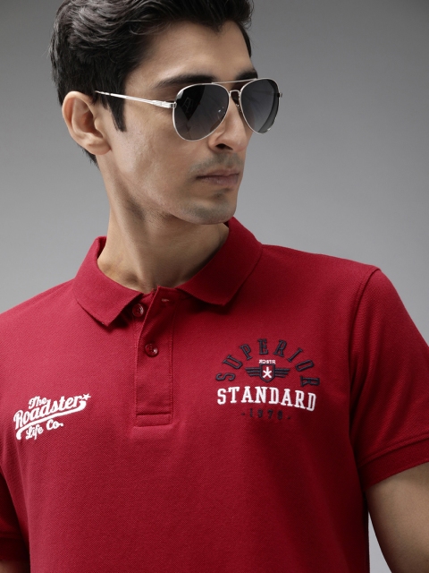 

Roadster Men Red Solid Polo Collar T-shirt with Embroidery