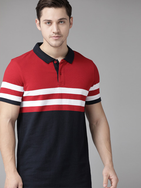 

Roadster Men Navy Blue & Red Pure Cotton Colourblocked Polo Collar T-shirt