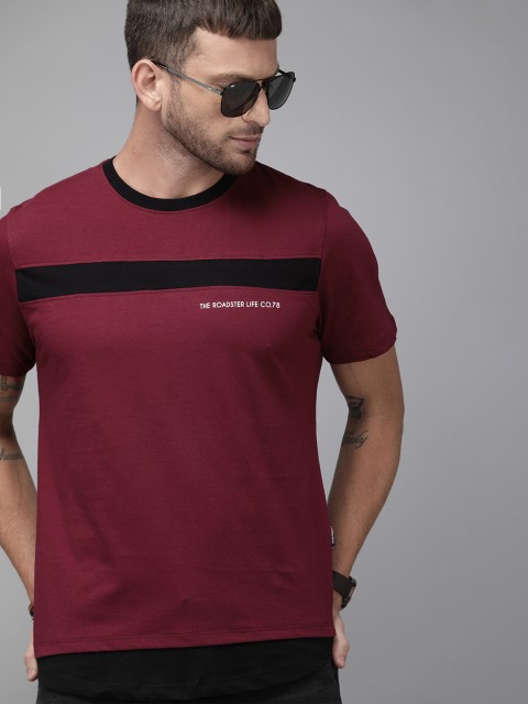 

Roadster Men Burgundy & Black Striped Round Neck T-shirt
