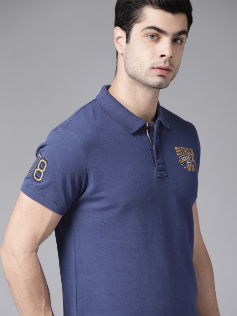 

Roadster Men Blue Embroidered Detail Pure Cotton Polo Collar T-shirt