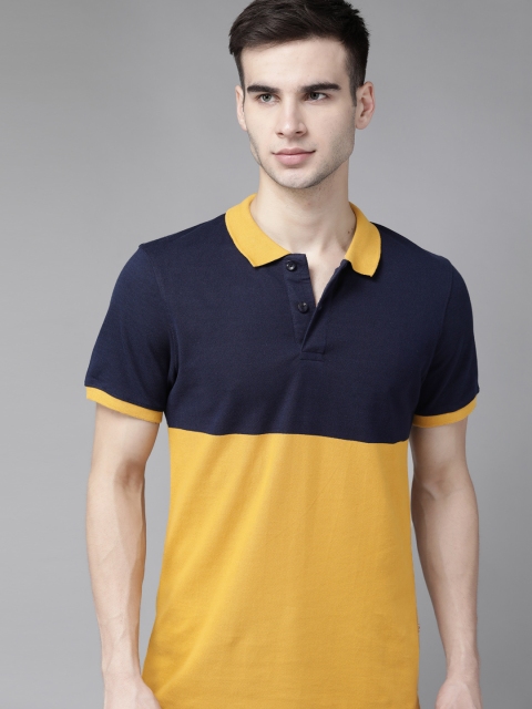Men Mustard Yellow Navy Blue Colourblocked Pure Cotton Polo Collar Pure Cotton T-shirt