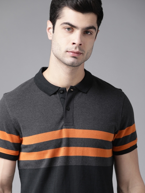 

Roadster Men Charcoal Grey & Black Striped Pure Cotton Polo Collar T-shirt