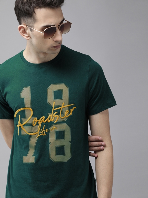 

Roadster Men Green Varsity Printed Round Neck T-shirt with Embroidery