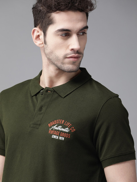 

Roadster Men Olive Green Solid Polo Collar T-shirt