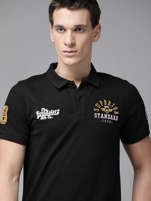

Roadster Men Black Pure Cotton Solid Polo Collar T-shirt