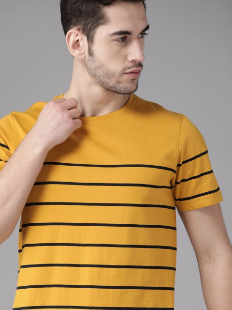 

Roadster Men Mustard Yellow Navy Blue Striped Round Neck Pure Cotton T-shirt