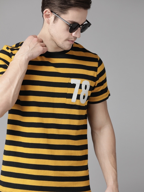 

Roadster Men Mustard Yellow & Navy Blue Pure Cotton Striped Round Neck T-shirt