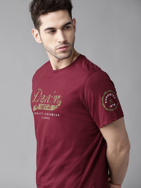 

Roadster Men Maroon & Olive Green Printed Round Neck T-shirt