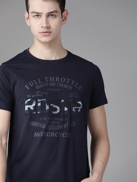 

Roadster Men Navy Blue Printed Round Neck Pure Cotton T-shirt