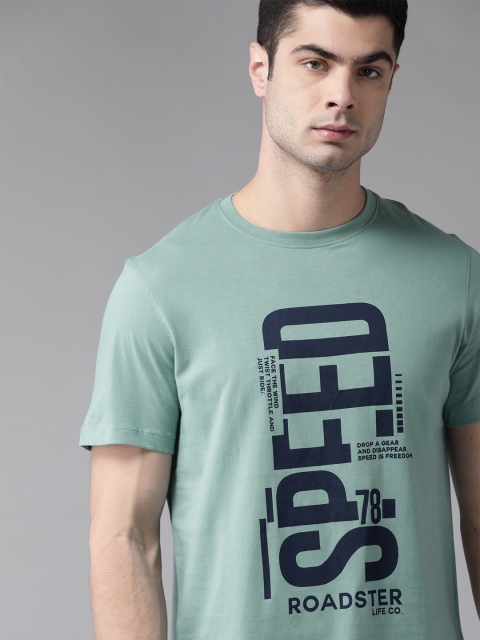

Roadster Men Blue Printed Pure Cotton Round Neck T-shirt, Green