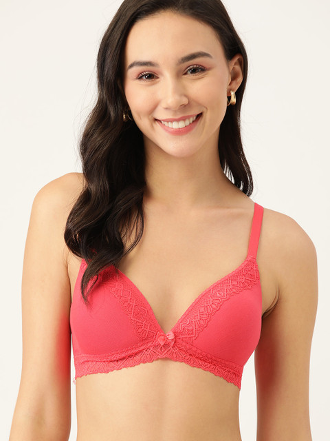 

DressBerry Coral Pink Lace Non-Wired Lightly Padded Everyday Bra