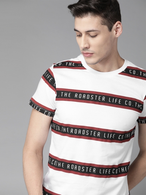 

Roadster Men White & Black Striped Round Neck T-shirt