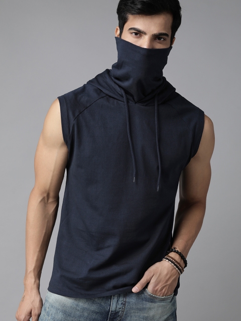 

Roadster Men Navy Blue Solid Pure Cotton Hood T-shirt